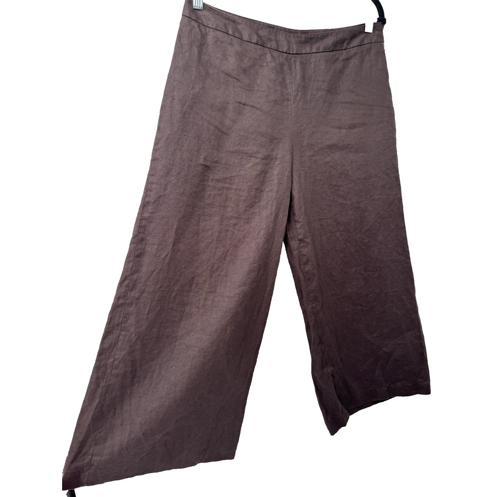 Valerie Stevens Cropped Linen Pants pull on brown wide leg beachy lagenlook 10